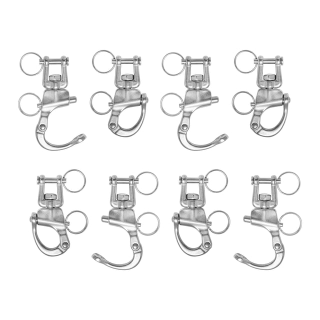 Eight Bells of Steel Swivel Shackles, resembling gym cable machine hooks, are arranged in two rows of four on a plain white background. Each shackle features a circular ring on top and a trigger-style clasp at the bottom.