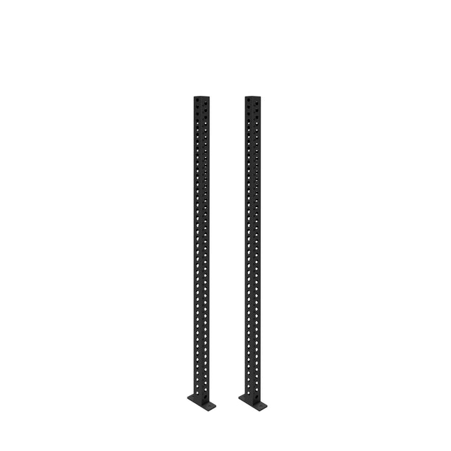Two tall, black Manticore Vertical Uprights by Bells of Steel, made of metal with evenly spaced holes and rectangular bases, stand upright on a white background.