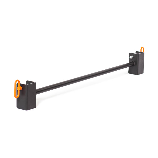 The Bells of Steel Adjustable Pull-up Bar Rack Attachment features black square end brackets and orange safety clips, making it ideal home gym equipment, shown isolated on a white background.