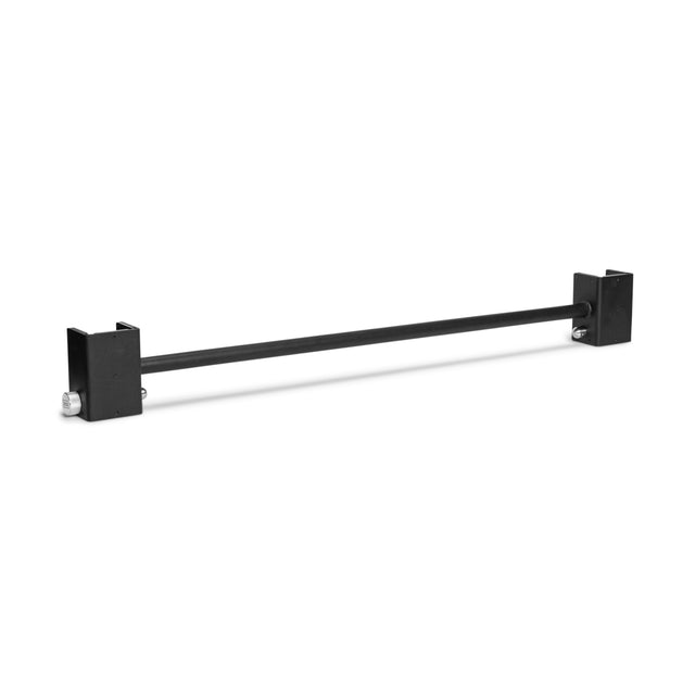 The Bells of Steel Adjustable Pull-up Bar Rack Attachment is a black metal bar with rectangular brackets on each end, designed for secure mounting to a flat surface—ideal for adding a pull-up option to your home gym power rack.