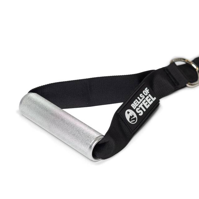 A close-up of the Bells of Steel Aluminum Handles Pair shows a textured grip, black nylon strap labeled "Bells of Steel," and metal ring for connecting to a cable machine.