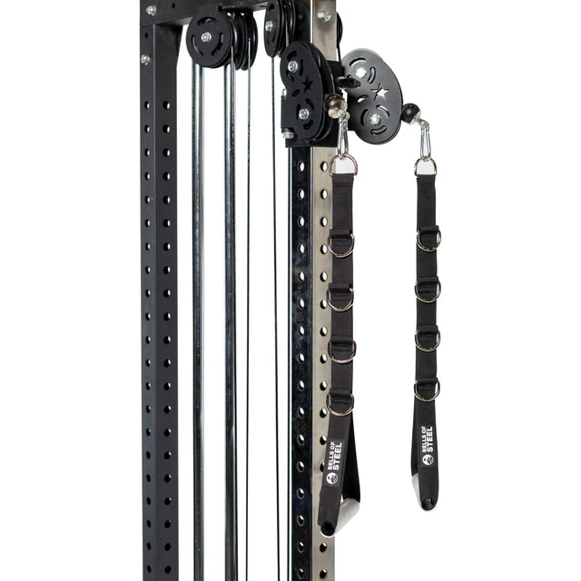 A close-up of the Bells of Steel Aluminum Handles Pair, featuring adjustable straps, multiple metal rings, and sleek black cables—designed for strength training and fitness exercises.