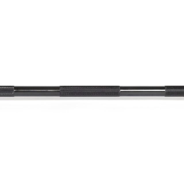 A close-up of the Bells of Steel Alex Leonidas Onyx Bar, a black metal power bar featuring three evenly spaced foam-padded grips, set against a white background.