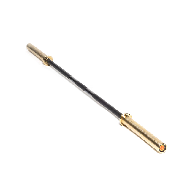 The Bells of Steel Alex Leonidas Onyx Bar is a black and gold power bar with a durable Cerakote finish, knurled grips, and rotating sleeves, inspired by the original Onyx Bar, shown isolated on a white background.