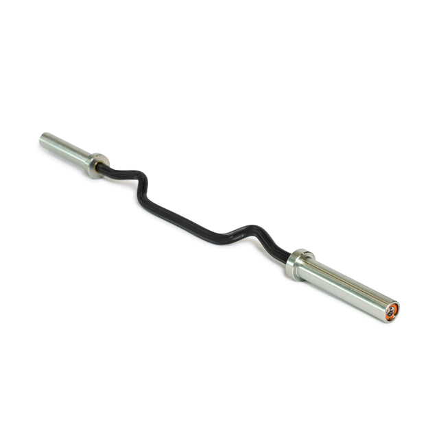 A black 54.5" EZ Curl Bar by Bells of Steel, featuring silver grips and a zigzag design, perfect for bicep curls and arm development, rests on a white background. Ideal for weightlifting and strength training exercises.