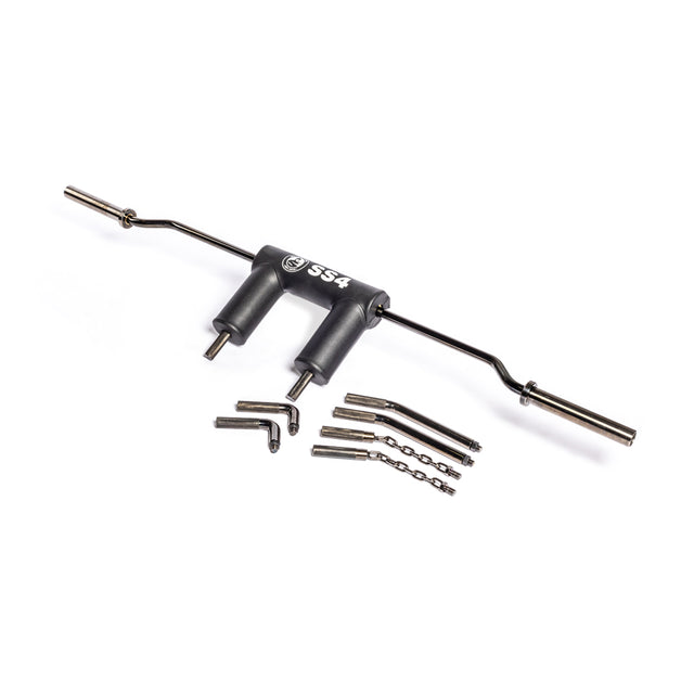 The Bells of Steel SS4 Safety Squat Bar, featuring ergonomic padded shoulder rests and handles, is displayed on a white background with various attachments and safety pins, ideal for versatile squat exercises.