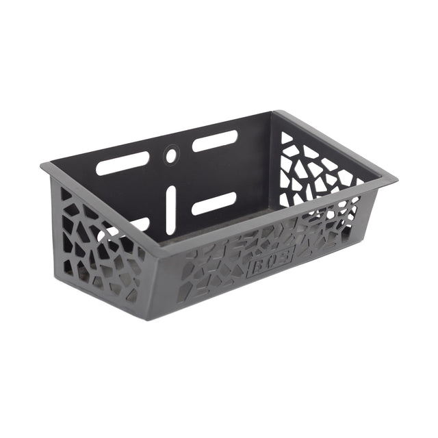 The Bells of Steel Rack Attached Storage Basket is a black rectangular organizer with geometric side cutouts and back mounting holes, ideal for storing gym equipment or fitness accessories.