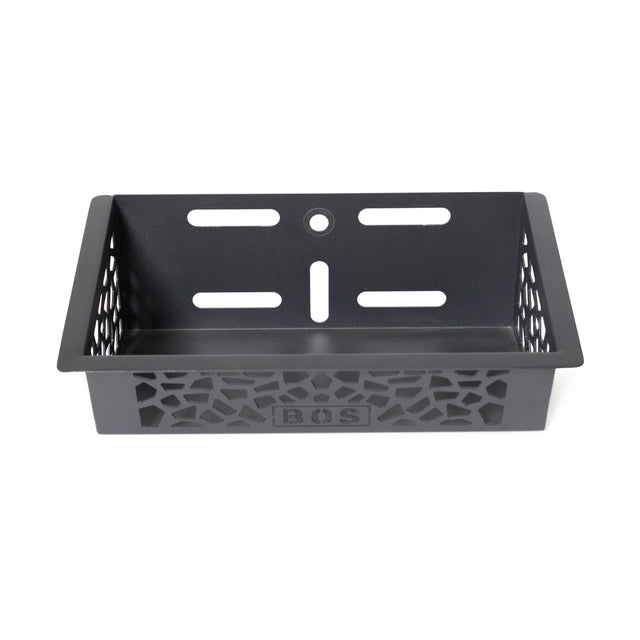 The Bells of Steel Rack Attached Storage Basket is a black rectangular plastic organizer with geometric cut-outs and ventilation slots, ideal for gym storage or power rack organization, shown from an angled front view.