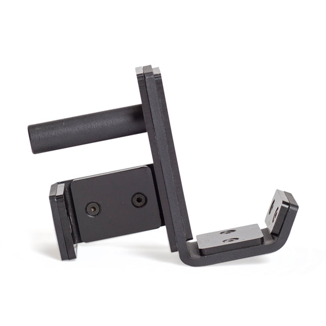 Bells of Steel Standard J-Cups: Black, L-shaped metal brackets with cylindrical rods and mounting plates, shown on a white background. Designed for power racks, each features screws, attachment holes, and UHMW protection.