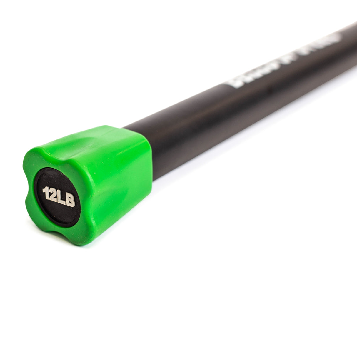 A Bells of Steel Weighted Workout Body Bar featuring a black body and a vibrant green end cap, marked with "12 LB" in white text, is ideal for strength training. Positioned diagonally against a plain white background, the emphasis highlights the eye-catching green end cap. This piece of essential fitness gear expertly combines functionality with style.