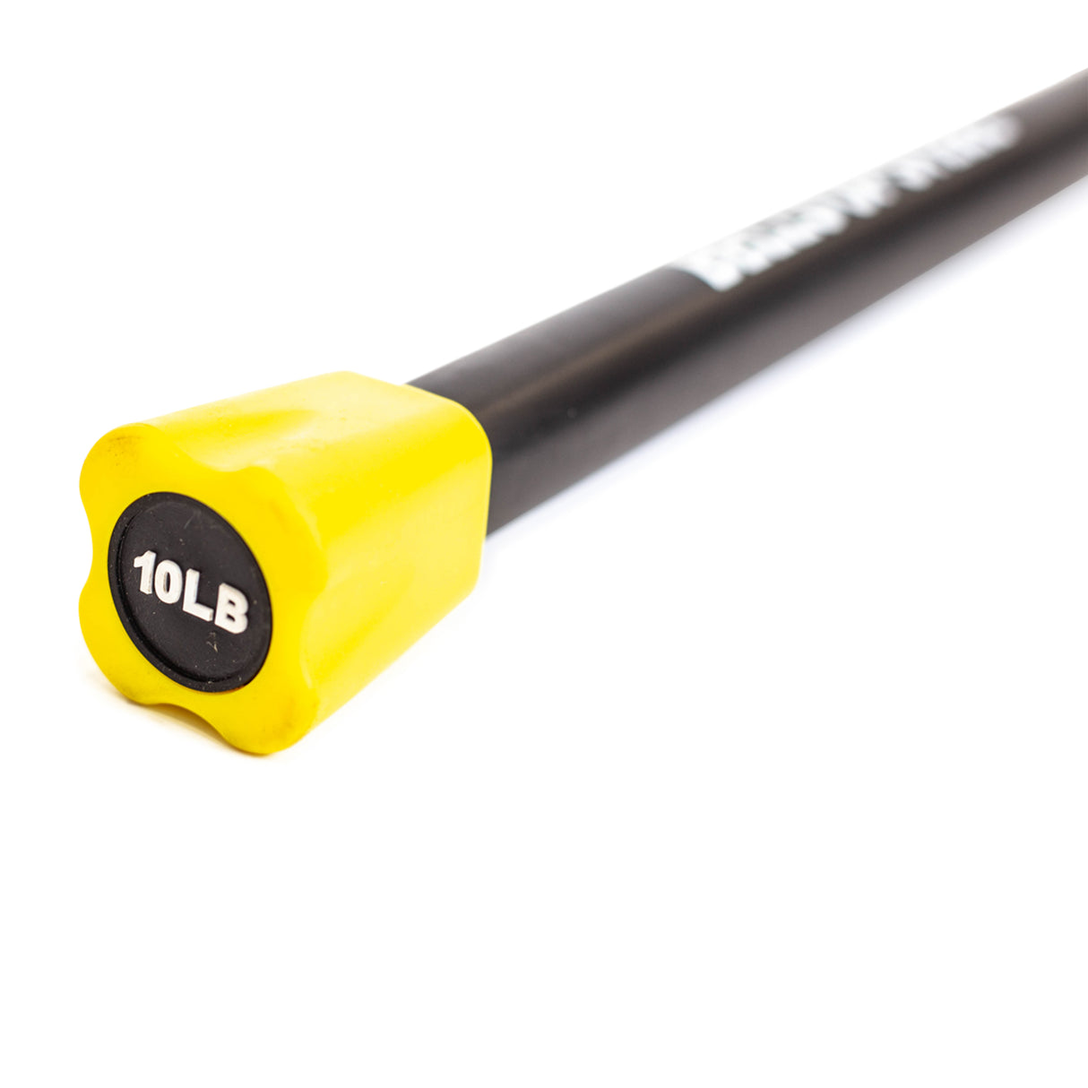 A close-up of the Weighted Workout Body Bars by Bells of Steel features a yellow end cap displaying "10 LB" against a black background. This piece of fitness equipment is ideal for strength training. The black body bar extends diagonally out of focus, highlighting its sleek design.