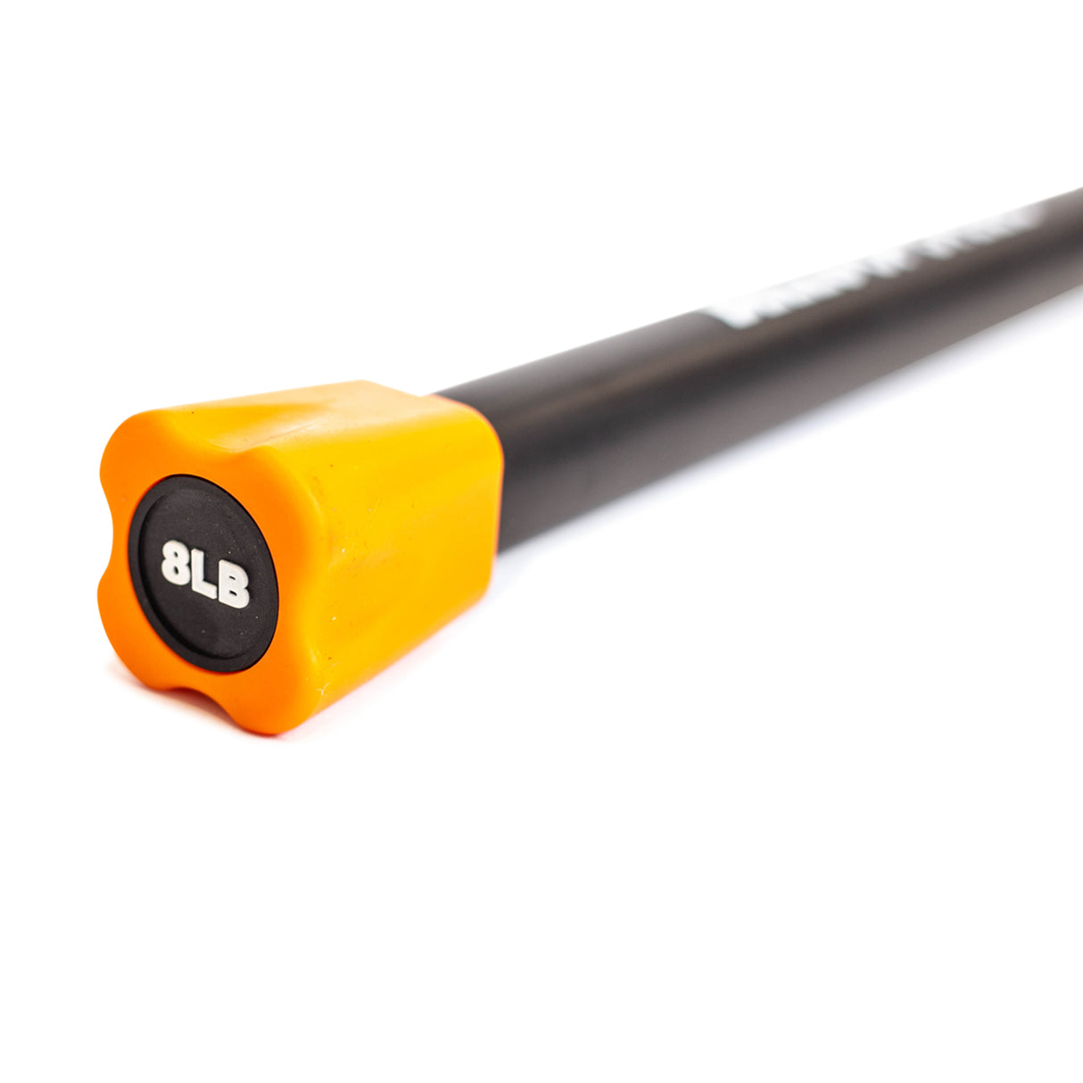 A close-up of a Bells of Steel Weighted Workout Body Bar—a must-have in fitness equipment—displays an orange cap marked "8LB" at one end. The black bar gradually blurs towards the opposite end, conveying depth and length. Ideal for strength training, the spotlight is on the orange cap and weight label.