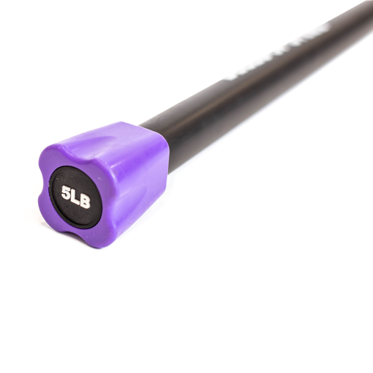 The Bells of Steel Weighted Workout Body Bar, featuring a black bar with a purple end cap labeled "5 LB," is ideal for strength training, shown against a white background.