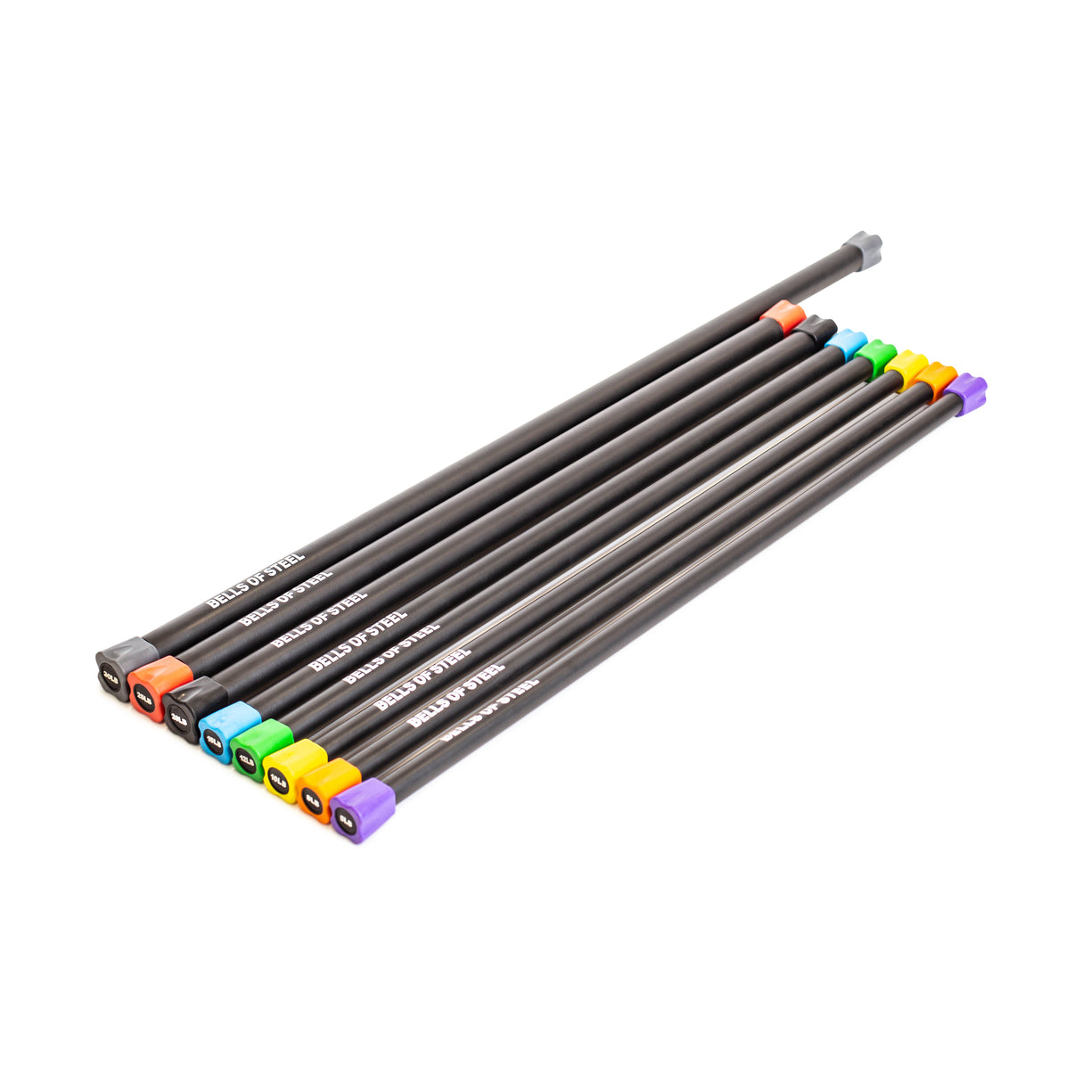 Introducing the Weighted Workout Body Bars by Bells of Steel—beautifully designed for strength training with resistance levels clearly indicated. These bars are aligned side by side, displaying their vibrant colors and connectors, making a dynamic addition to your fitness gear collection.