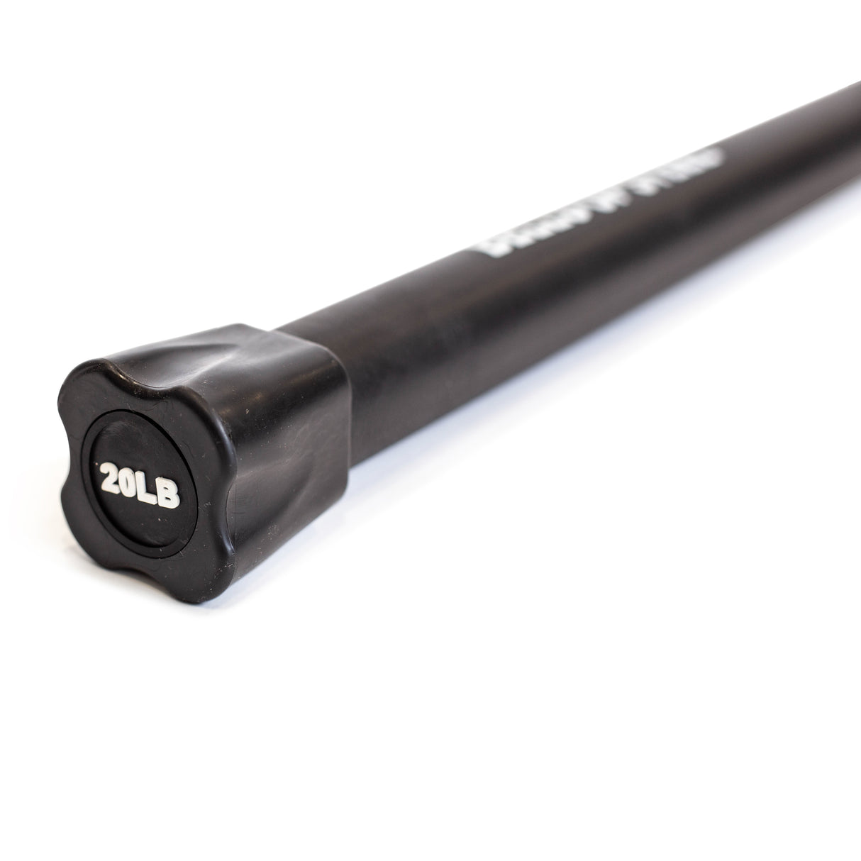 A close-up image showcases a sleek black Weighted Workout Body Bar by Bells of Steel, featuring a hexagonal end cap with "20LB" in white text. This premium fitness gear tapers into the background, highlighting its length and polished surface—ideal for strength training enthusiasts.