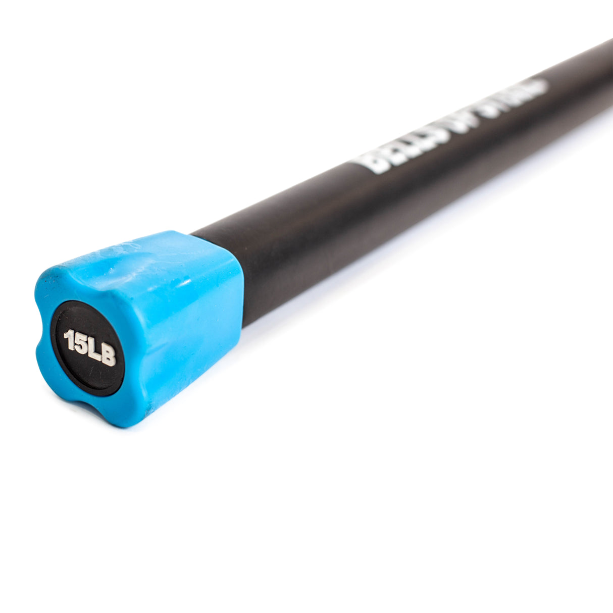 The close-up image showcases a Bells of Steel Weighted Workout Body Bar, essential for strength training. It features a blue rubber end cap marked "15LB," indicating its weight. The sleek black fitness gear rests on a white surface, ready to enhance your next workout.