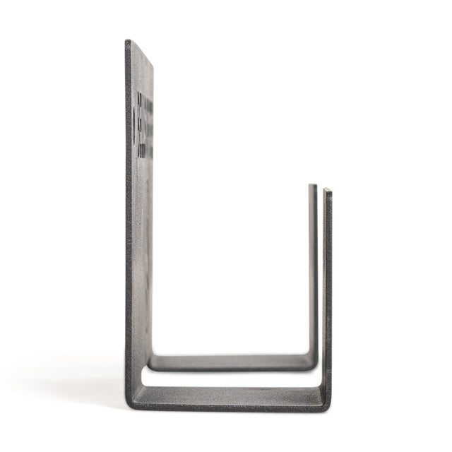 Side view of the Bells of Steel Wall or Rack Mounted Bench Hanger, a minimalist L-shaped metal bracket with a matte finish, suitable for bench storage or as a hanger, shown against a white background.