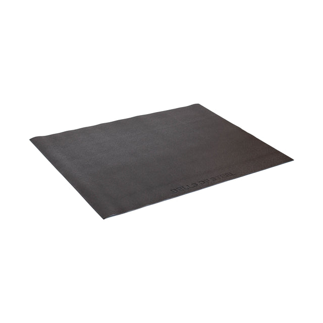 A flat, rectangular black Cardio Machine Floor Mat by Bells of Steel, featuring a subtle texture and the "BELLS OF STEEL" logo embossed in one corner, is displayed on a white background.