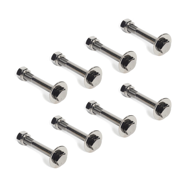 Seven Bells of Steel Gold / Black Titanized Bolts for Hydra, with hex nuts, are arranged in neat rows on a white background—all oriented the same way—ideal for use as power rack bolts or 3x3 uprights.