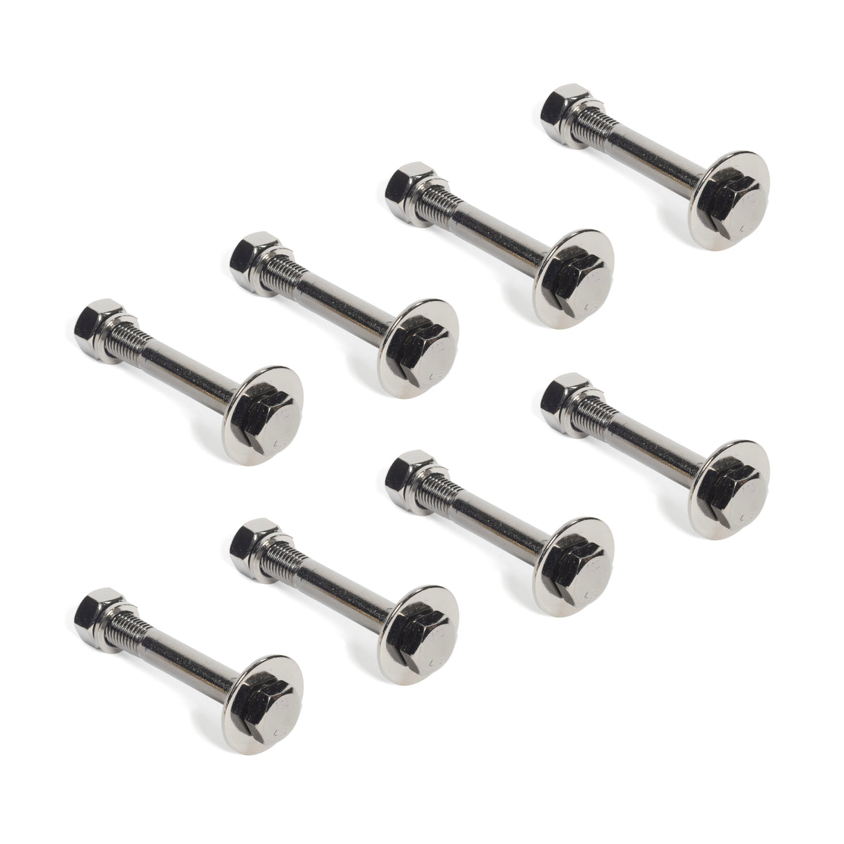 Seven Bells of Steel Gold / Black Titanized Bolts for Hydra, complete with washers and nuts, are displayed in two rows on a white background—ideal for securing power rack bolts or 3x3 uprights.