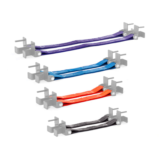 Four pairs of Bells of Steel Safety Straps for Hydra & Manticore Racks in purple, blue, orange, and black, each attached with gray brackets on a power rack and arranged from largest to smallest for maximum protection.