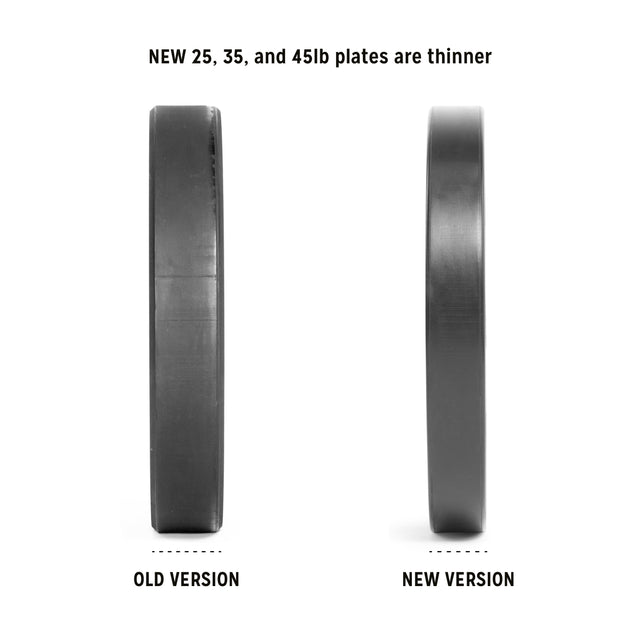 Side-by-side comparison of Bells of Steel All-Black Bumper Plates: the old version (left) is thicker, while the new version (right) with stainless steel insert is slimmer. New 25, 35, and 45lb plates offer accurate weight and a thinner profile.