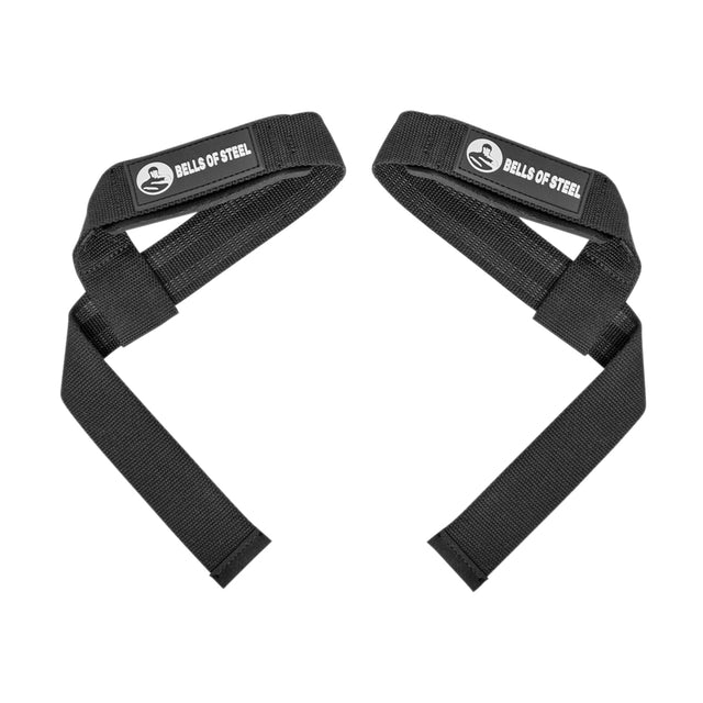 A pair of black Lifting Straps by Bells of Steel are displayed on a white background. Their looped and extended ends make them perfect for strength training and improving grip during heavy lifts.