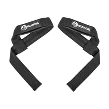 A pair of black Lifting Straps by Bells of Steel are displayed on a white background. Their looped and extended ends make them perfect for strength training and improving grip during heavy lifts.