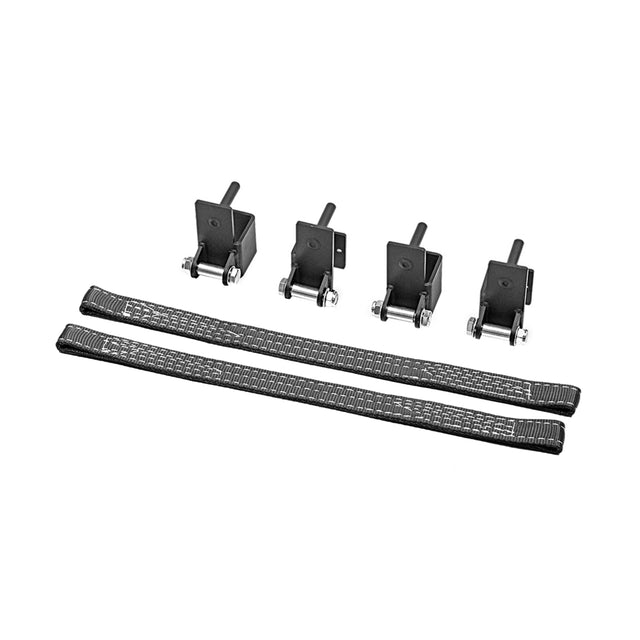 Four black metal brackets with bolts and nuts, plus two black woven safety straps, are shown on a white background—Bells of Steel Safety Straps for 2.3" x 2.3" racks, perfect for secure power rack or barbell setups.