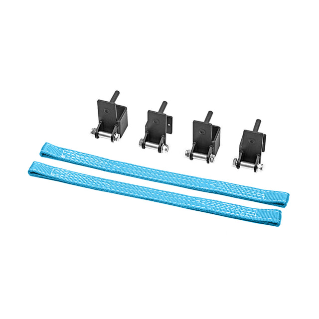 Four black metal brackets with pins and bolts are lined up above two blue Bells of Steel Safety Straps for 2.3" x 2.3" racks, all on a white background—perfect for enhancing your power rack setup.