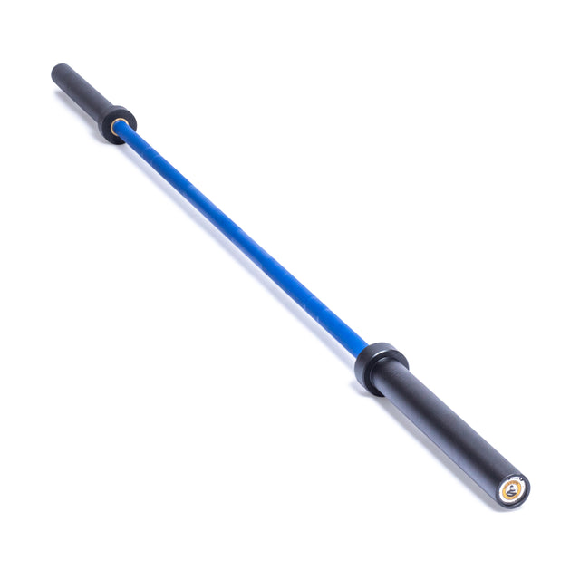 The Bells of Steel Multi-Purpose Olympic Barbell, aka The Utility Bar, features a long, slender design with a blue center finish and black grips, ideal for weightlifting or exercise. Set against a white background.