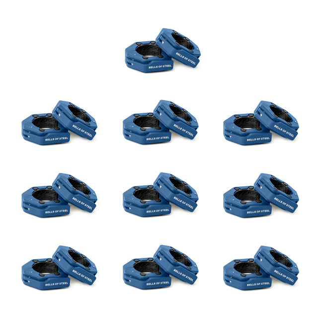 Twelve pairs of blue Magnetic Clamp Collars by Bells of Steel are arranged in a grid on a white background, each labeled "BELLS OF STEEL" in white text and ideal for securing weights to barbells.