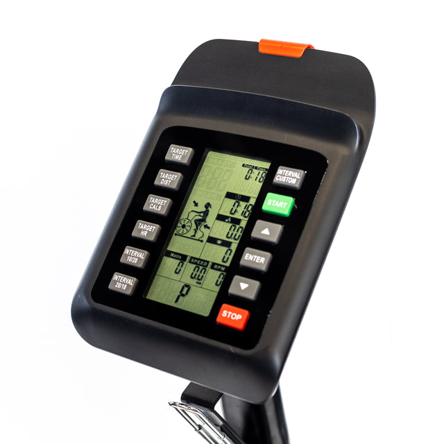 Close-up of the Bells of Steel Blitz Max Air Bike digital control panel with multiple buttons, a stat display screen, and START/STOP functions in a black casing with an orange latch—perfect for any fitness studio.