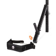The Belt Squat/Lever Arms Rack Attachment by Bells of Steel includes adjustable levels, an angled support arm, and a safety strap with carabiner. Designed with multiple holes for customization, its sleek look is shown against a white background.
