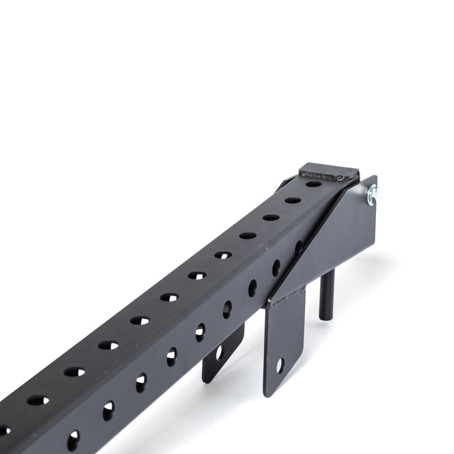 The Bells of Steel "Belt Squat / Lever Arms Rack Attachment," shown against a white background, is a black metal jack with multiple height-adjustment holes, featuring a hinge and two pegs ideal for lifting or support.