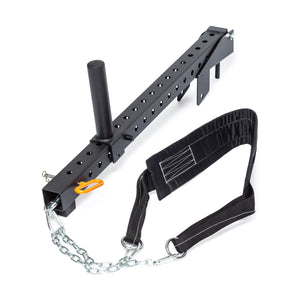 The Bells of Steel Belt Squat / Lever Arms Rack Attachment features a metal strongman harness with a black padded strap connected to a perforated bar with multiple holes and a vertical handle, plus a chain for enhanced belt squat exercises.