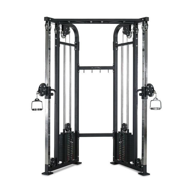 The Bells of Steel Functional Trainer is a dual cable crossover functional trainer with adjustable pulleys, weight stacks, two handles for versatile exercises, a sturdy metal frame, and multiple height settings.