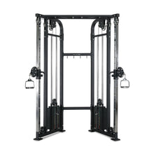 The Bells of Steel Functional Trainer is a dual cable crossover functional trainer with adjustable pulleys, weight stacks, two handles for versatile exercises, a sturdy metal frame, and multiple height settings.
