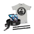 The Bells of Steel Self Locking Belt Package features a gray t-shirt, self-locking belt, two colorful knee sleeves, lifting straps, and a wrist wrap—all displayed on a white background.