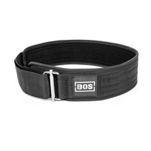 The Bells of Steel Self Locking Belt is a black belt with a metal buckle and rectangular "BOS" patch, coiled on a white background—ideal for back support during your fitness journey.