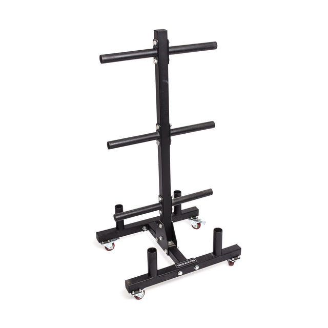 The Bells of Steel Bumper Plate Weight Tree And Bar Holder, shown on a white background, features a black metal frame with multiple horizontal pegs for weight plate storage, vertical supports, four wheels for mobility, and practical bar storage—ideal for any gym.