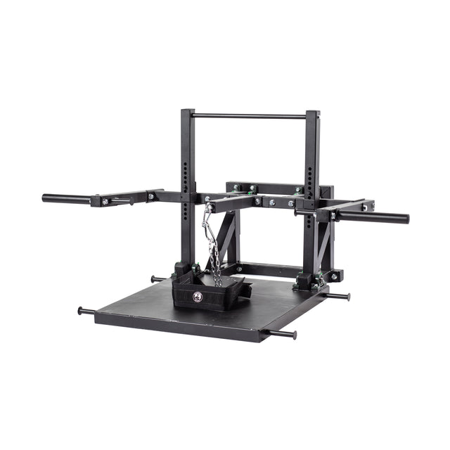 The Bells of Steel Belt Squat Machine is a black metal unit with a flat platform, two horizontal handles, an adjustable frame, and a hanging chain for weights—perfect for home gym lower body workouts, shown on a white background.