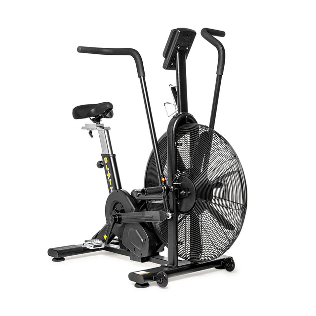 The Blitz Air Bike by Bells of Steel features handlebars, pedals, a large front fan wheel, and an adjustable seat—ideal for full-body workouts at home or cardio sessions in fitness centers.