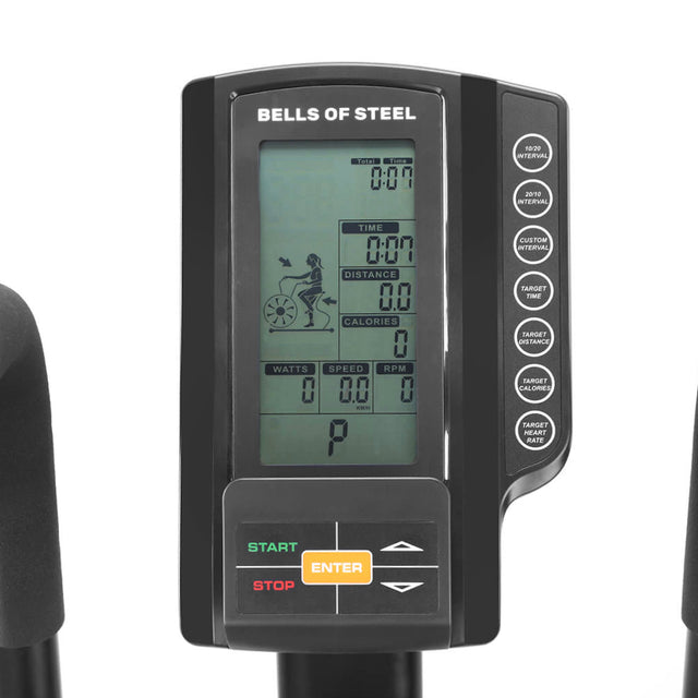 Close-up of a Bells of Steel Blitz Air Bike digital console showing time, distance, calories, watts, speed, and RPM—ideal for tracking your full-body home workout. Start, stop, and enter buttons are located below the display.