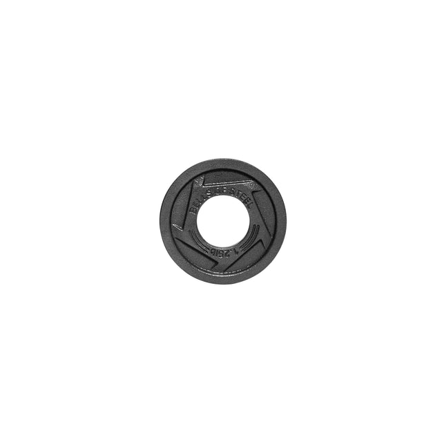 The Black Mighty Grip Olympic Weight Plates by Bells of Steel feature a central hole and text around the edge with a slightly textured surface and radial grooves for an ergonomic, precision grip, enhancing their mechanical appearance.