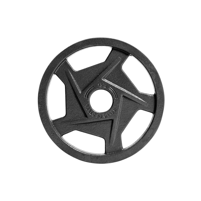 The Black Mighty Grip Olympic Weight Plates by Bells of Steel are black, circular, and feature an ergonomic design with angular cut-outs. They come embossed with numbers and "KILOS" near the center, ideal for precision grip handles.