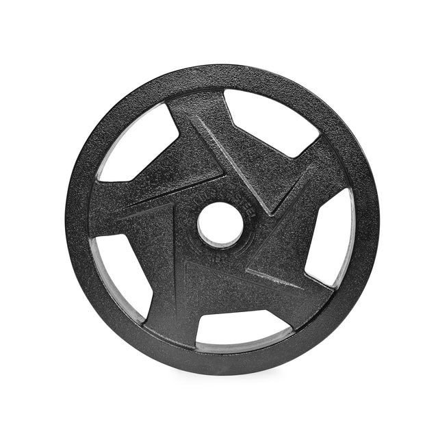 The Bells of Steel Black Mighty Grip Olympic Weight Plates feature a black powder coat, central hole, and three geometric cutouts. The textured surface ensures precision grip, perfect for Olympic weightlifting and strength training exercises.