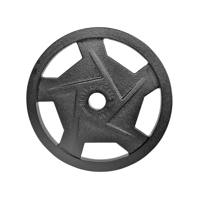 The Bells of Steel Black Mighty Grip Olympic Weight Plate, with a textured black powder coat finish, features precision grip handles and five spokes with cutouts against a white background. Subtle embossed markings enhance this striking round metal design.