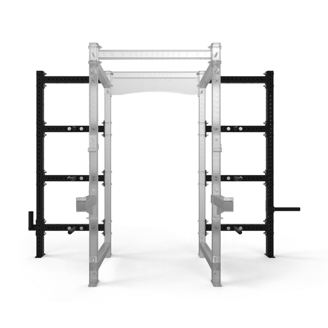 The Bells of Steel Hydra Batwing Storage is a modular gym rack with 3x3 uprights, featuring black horizontal beams and silver vertical bars, designed for weightlifting and strength training, shown against a white background.