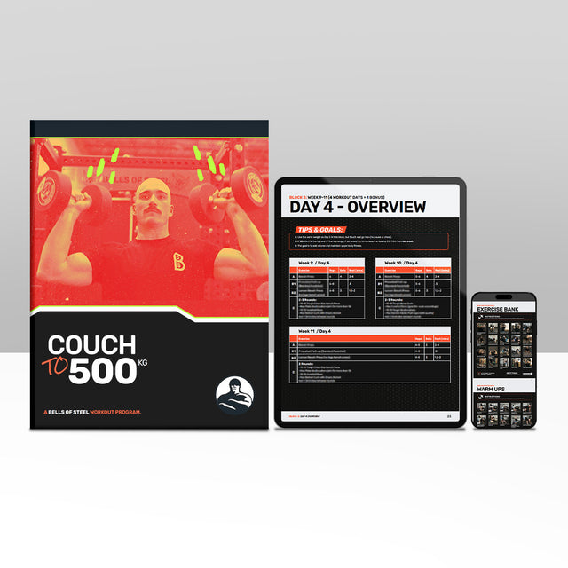 The "Couch to 500kg - Workout Program" by Bells of Steel is featured with a man squatting, including a booklet, a digital tablet showing Day 4 workout overview, and a smartphone displaying an exercise bank.